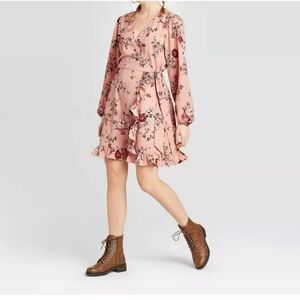 Xhilaration Pink Floral Long Sleeve Faux Wrap Dress